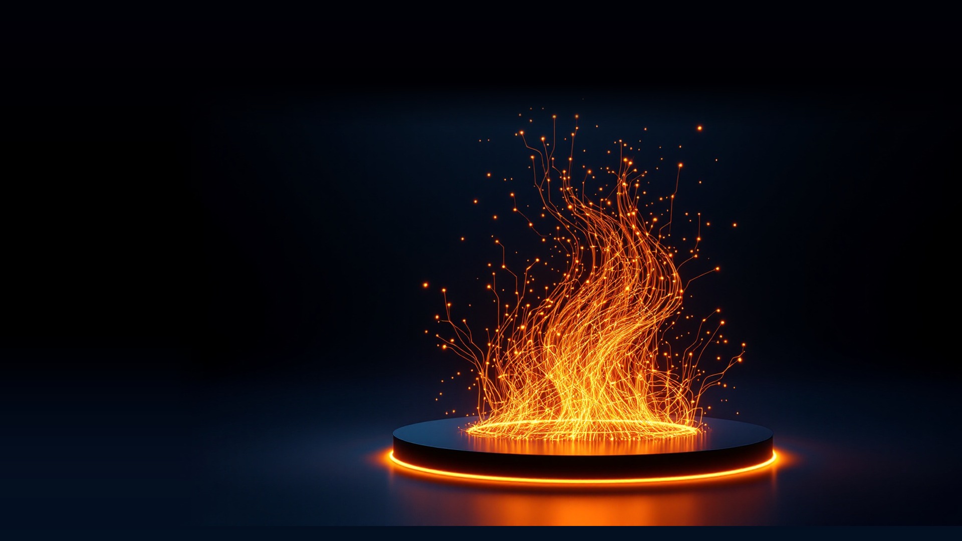 A flame of luminous amber strands rising from a dark disc and turning into circuit traces as it climbs.